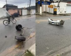 Carro fica despedaçado após bater em poste durante ultrapassagem de ônibus escolar nesta sexta-feira (7) em Guarujá, no litoral de SP