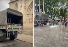 No vídeo, narrado por um apoiador do presidente, militares aparecem com caminhões estacionados na Praça