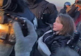 Uma testemunha flagrou a Greta sozinha em um ônibus da polícia após ser presa