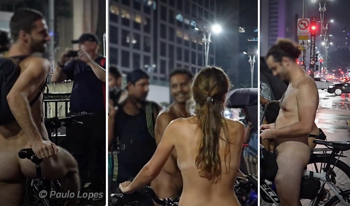 Mesmo com chuva, ciclistas fizeram ato sem roupa na noite deste sábado na av. Paulista