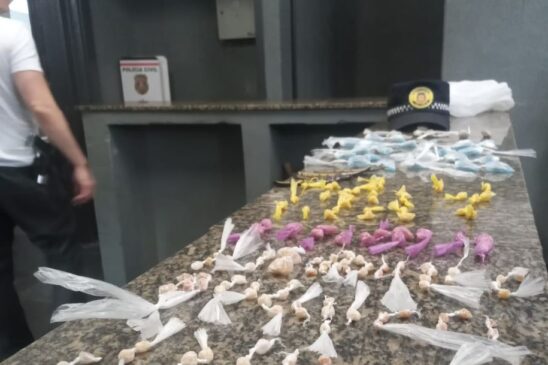 Na checagem, foi encontrada a sacola, de fato, no carrinho, com 4 gramas de maconha e um projétil de 32 picotado
