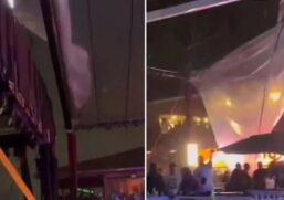 Na área externa do local havia sido fixada uma lona para cobrir quem estava assistindo o show em caso de chuva. 