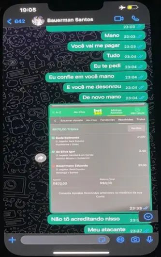 Conversa do zagueiro Eduardo Bauermann (Santos) com o apostador/ Reprodução