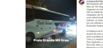 Ônibus com os refugiados chegando em Praia Grande