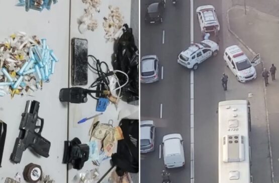 Drogas, vestimentas e uma pistola estavam entre os pertences do suspeito