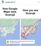 A cidade de Guarujá viralizou nas redes sociais após a conta oficial do Google Maps postar uma comparação do formato da Pérola do Atlêntico com um dragão