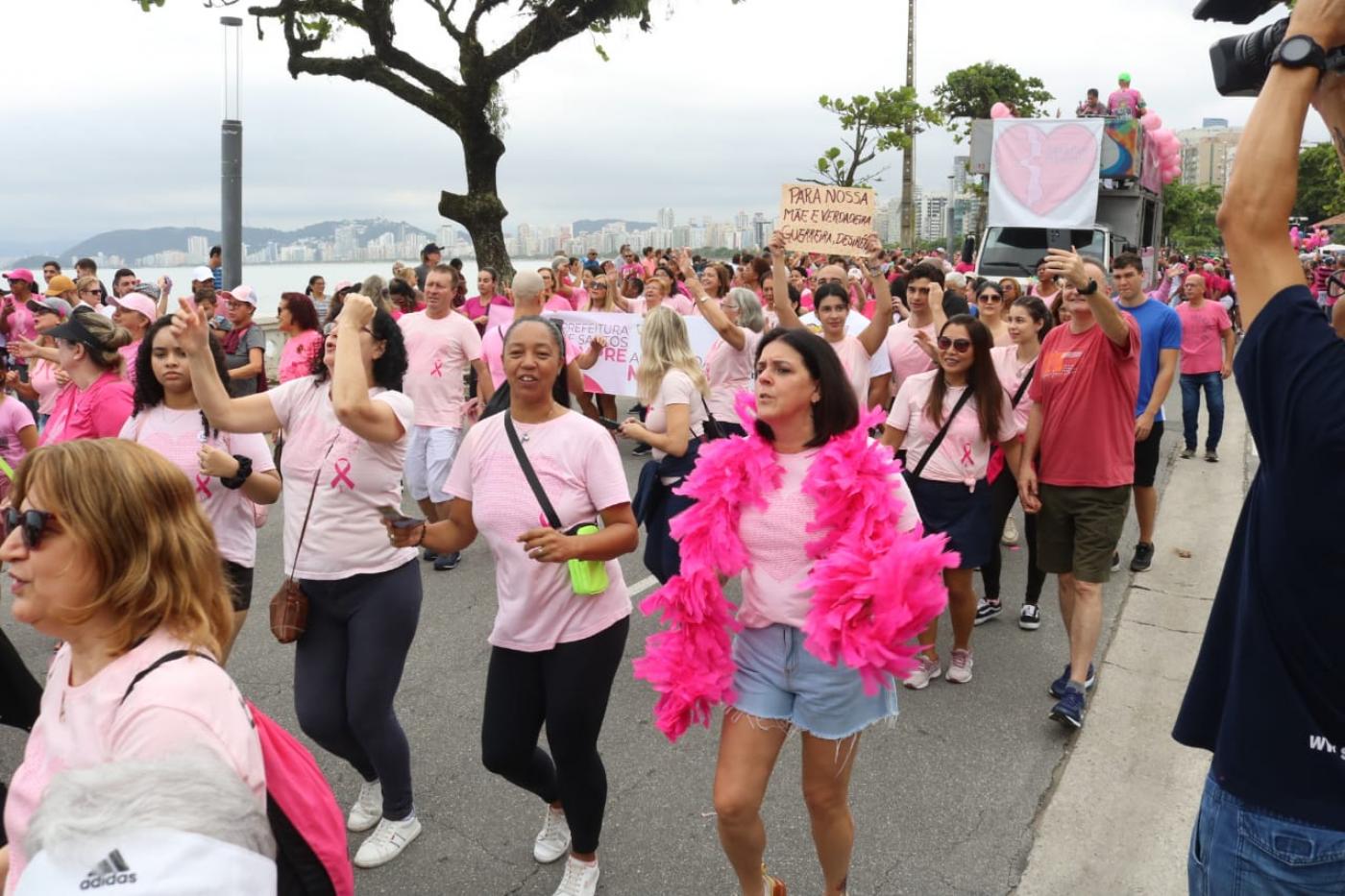 Embaladas pela bateria verde e rosa da escola de samba União Imperial, mulheres que estão lutando contra o câncer de mama, ex-pacientes que já superaram a doença, maridos, filhos, famílias caminharam no entorno da Praça do Aquário Municipal