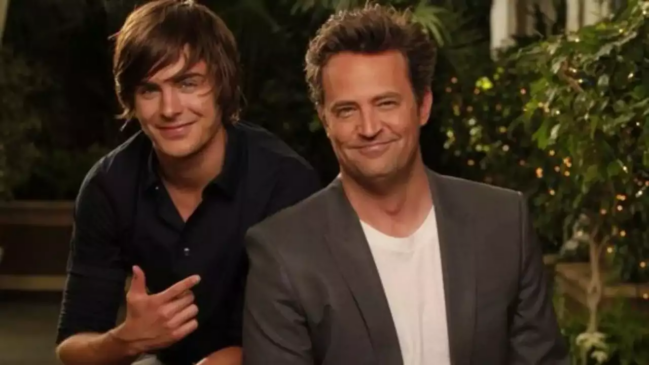 Zac Efron e Matthew Perry em divulgação do filme '17 Outra Vez'