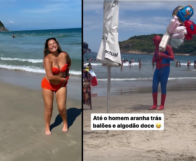 Irmã de Cristiano Ronaldo curtiu praia em Guarujá e topou até com o Homem-Aranha