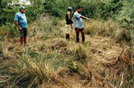Pesquisadores do Grupo Ufológico de Guarujá (GUG) e as testemunhas investigam a marca de pouso