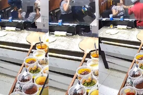 Nas imagens das câmeras de monitoramento, é possível ver o momento em que o criminoso de moletom marrom sai do estabelecimento