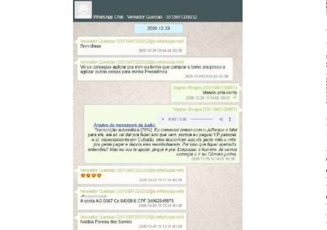 Print do aplicativo de mensagem: conversa entre Vagner e Queixão