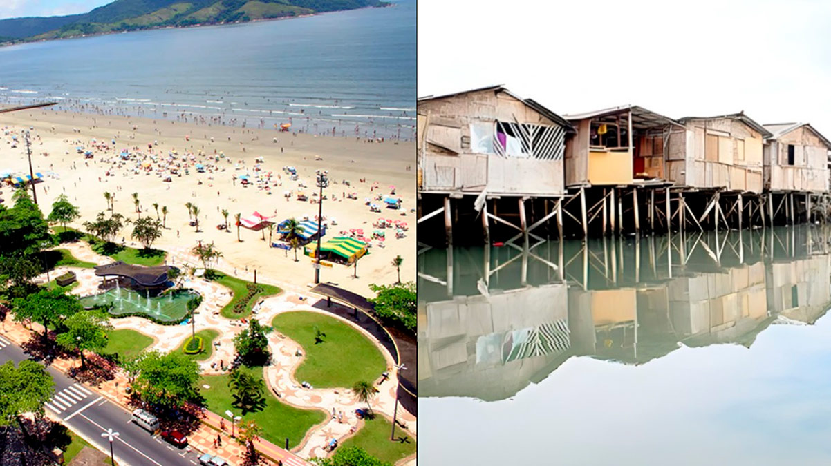 A linda orla de Santos e a maior favela em palafitas do Brasil