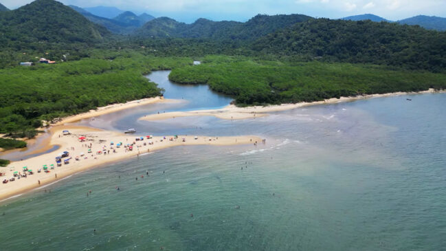 A praia possui uma extensa faixa de areia clara, em grande parte coberta por mata nativa, criando um cenário paradisíaco