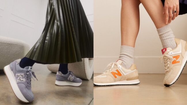 O New Balance 574 tem sido visto nas ruas, em desfiles e em produções casuais