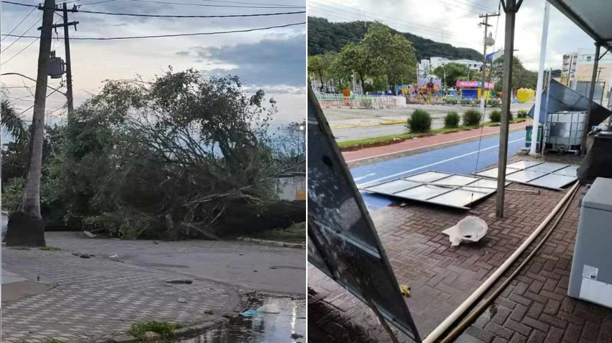Mongaguá: Houve queda de árvore, tombamento de poste de energia na Avenida Dudu Samba e danos em estruturas do 'Festão' /Defesa Civil do Estado de São Paulo