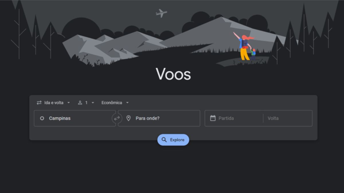 Interface de busca de voos, mostrando opções de origem, destino, datas e classe de viagem, pronta para explorar passagens aéreas. Créditos: Reprodução: Google.