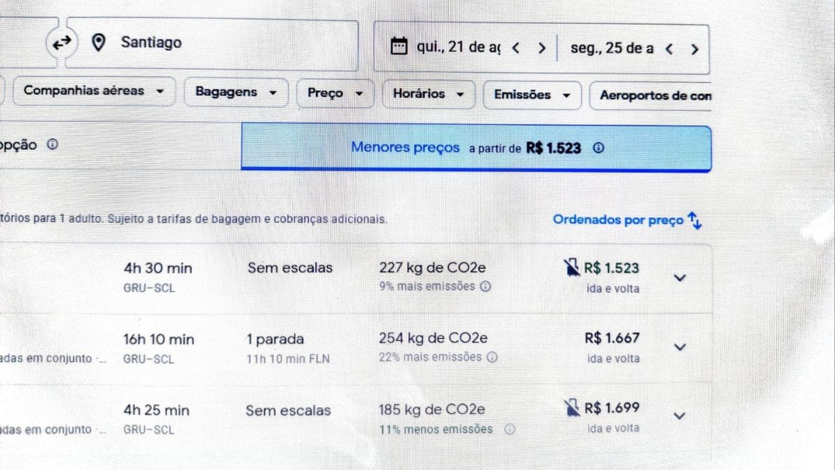 As opções mostram informações como o número de paradas, a quantidade de emissões de CO2 equivalentes e o custo em Reais (R$). Há também filtros no topo para bagagem, preço e horários. Créditos: Giovana Vicente.