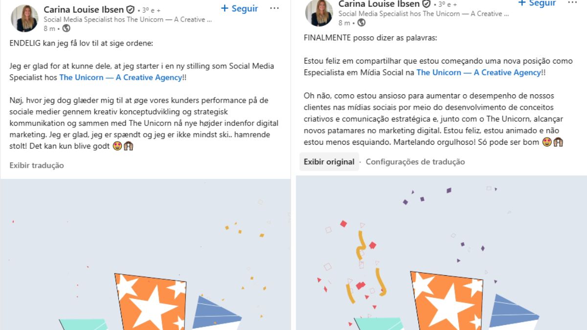 Poucos meses depois do desabafo, Carina celebrou em suas redes a conquista do novo trabalho como especialista em mídias sociais/ Reprodução LinkedIn