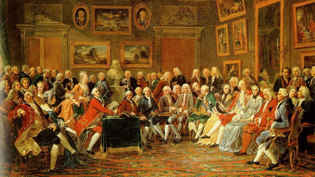 Salão iluminista do século XVIII, o espírito do Iluminismo se espalhou pela Europa, reunindo pensadores que, assim como Kant, defendiam a razão contra a ignorância/ Anicet Charles Gabriel Lemonnier/Domínio Público