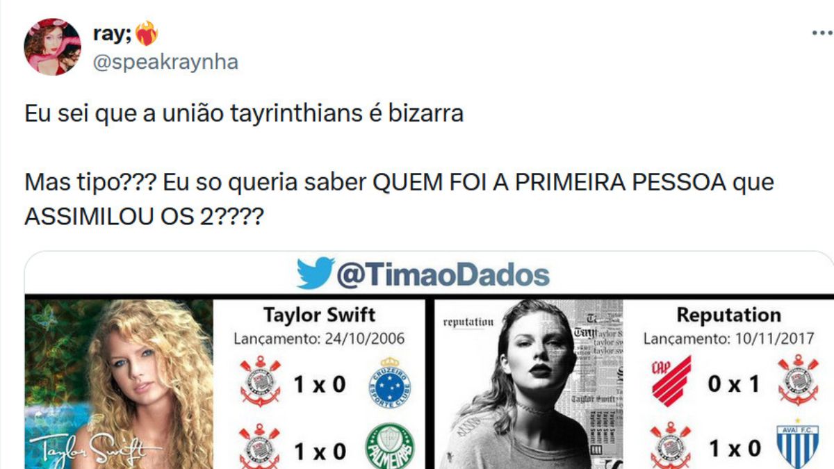 Torcedores relembram no X (antigo Twitter) as coincidências entre lançamentos de álbuns de Taylor Swift e vitórias do Corinthians/ Reprodução