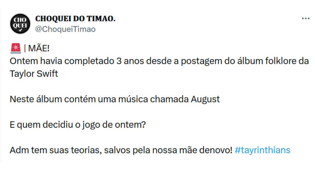 Coincidências musicais e futebolísticas geram memes: música "August", do álbum Folklore, lembrada em jogo decidido no mês de agosto/ Reprodução