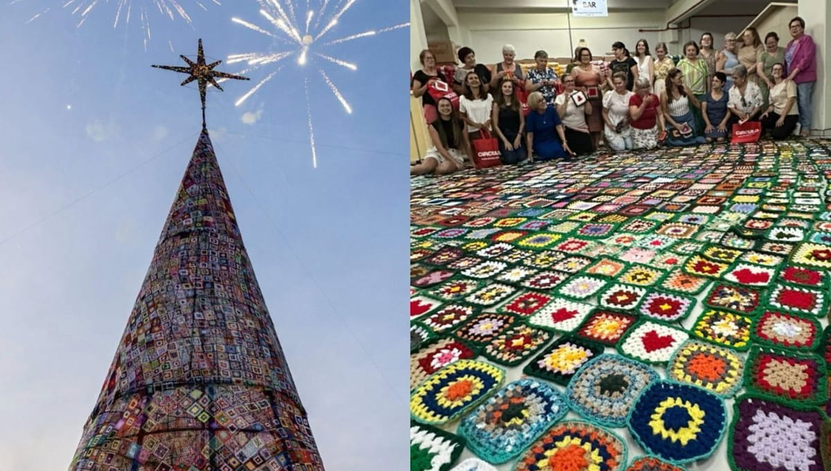 O projeto, batizado de 'Crochê Square Árvore de Natal', mobilizou mais de 90 pessoas entre crocheteiras voluntárias e colaboradores