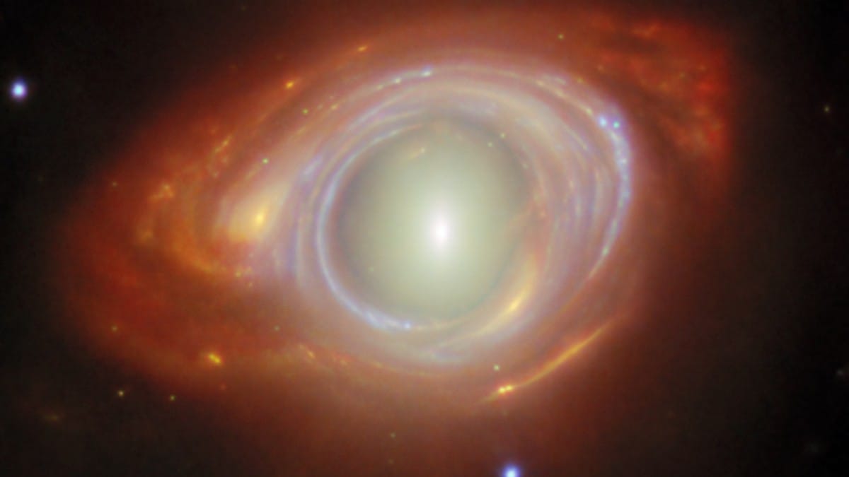 O que parece uma única galáxia são, na real, duas bem distantes! A mais próxima brilha no centro, enquanto a mais distante cria o incrível 'anel de Einstein' ao seu redor / ESA/Webb, NASA e CSA, G. Mahler Agradecimentos: MA McDonald