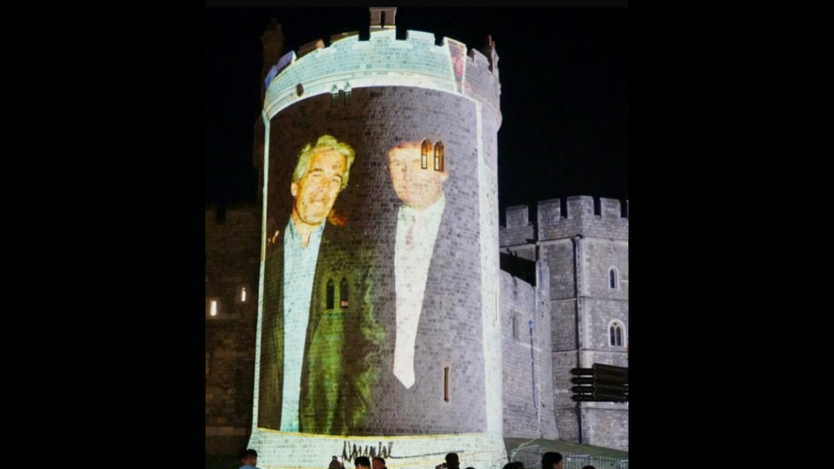 Imagem de Trump e Epstein é projetada no Castelo de Windsor, durante manifestação realizada por ativistas no dia 16 de julho/ Reprodução Instagram/@ledbydonkeys