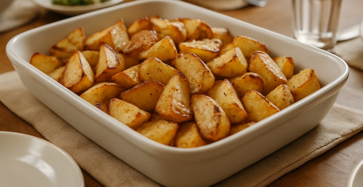 Travessa com batatas assadas crocantes graças ao truque dos chefs