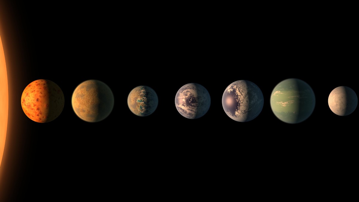 Ilustração mostra como pode ser o sistema TRAPPIST-1, com base em dados sobre diâmetros, massas e distâncias dos planetas em relação à estrela. Todos os planetas são rochosos e similares à Terra. / NASA/JPL-Caltech