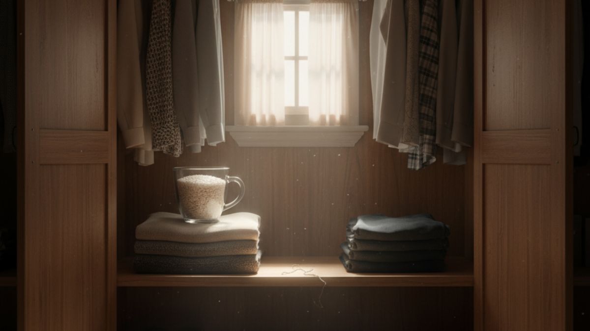 Truque das avós contra a umidade faz sucesso, um simples copo de arroz dentro do armário tira o cheiro de guardado das roupas