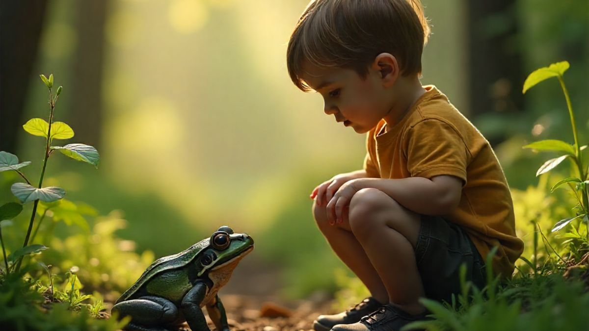 A criança aprendeu sobre ciclos da vida ao lado do sapo