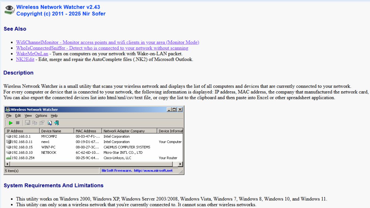 Wireless Network Watcher Ferramenta leve para Windows que lista endereços IP, nomes de dispositivos e fabricantes conectados ao Wi-Fi/ Reprodução NirSoft