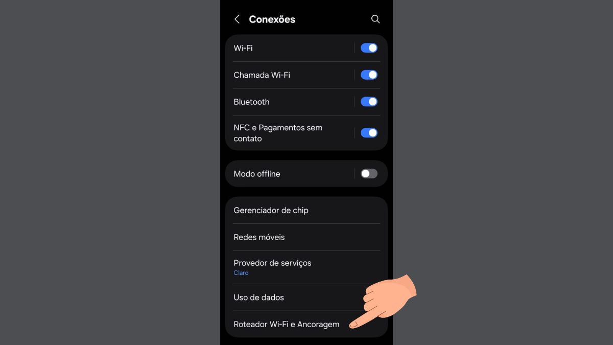 Roteador Wi-Fi e Ancoragem Selecione esta opção para configurar o compartilhamento/ Diário do Litoral