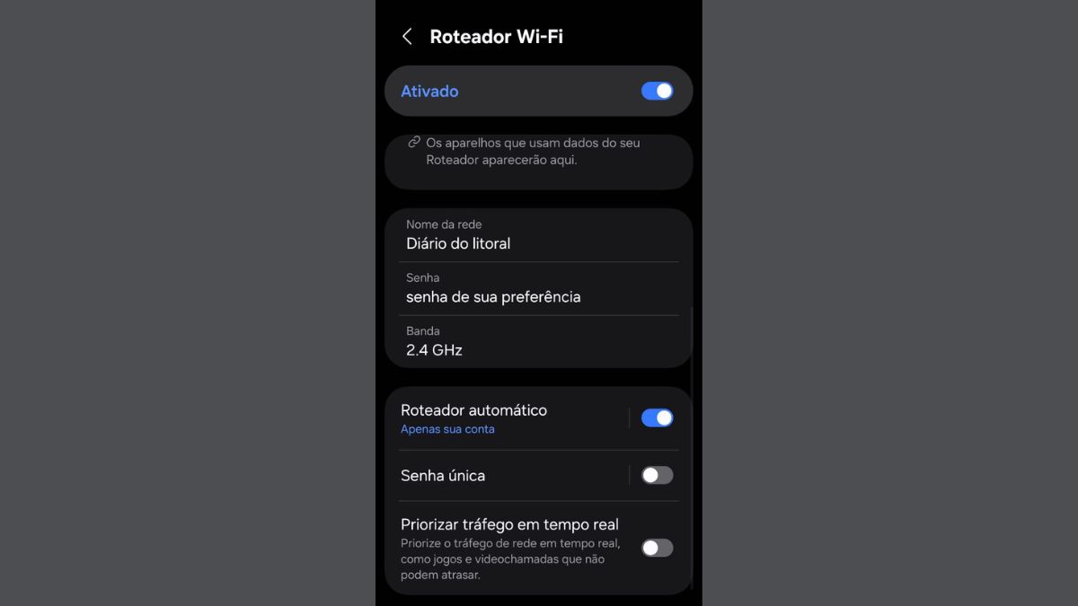 Nome e senha Abaixo, veja o nome da rede e a senha; altere se desejar para deixar mais personalizado/ Diário do Litoral