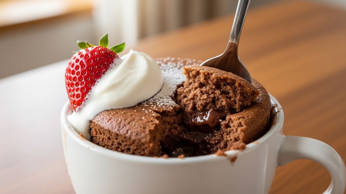 A solução apresentada é o bolo de caneca de chocolate, pronto em apenas três minutos no micro-ondas