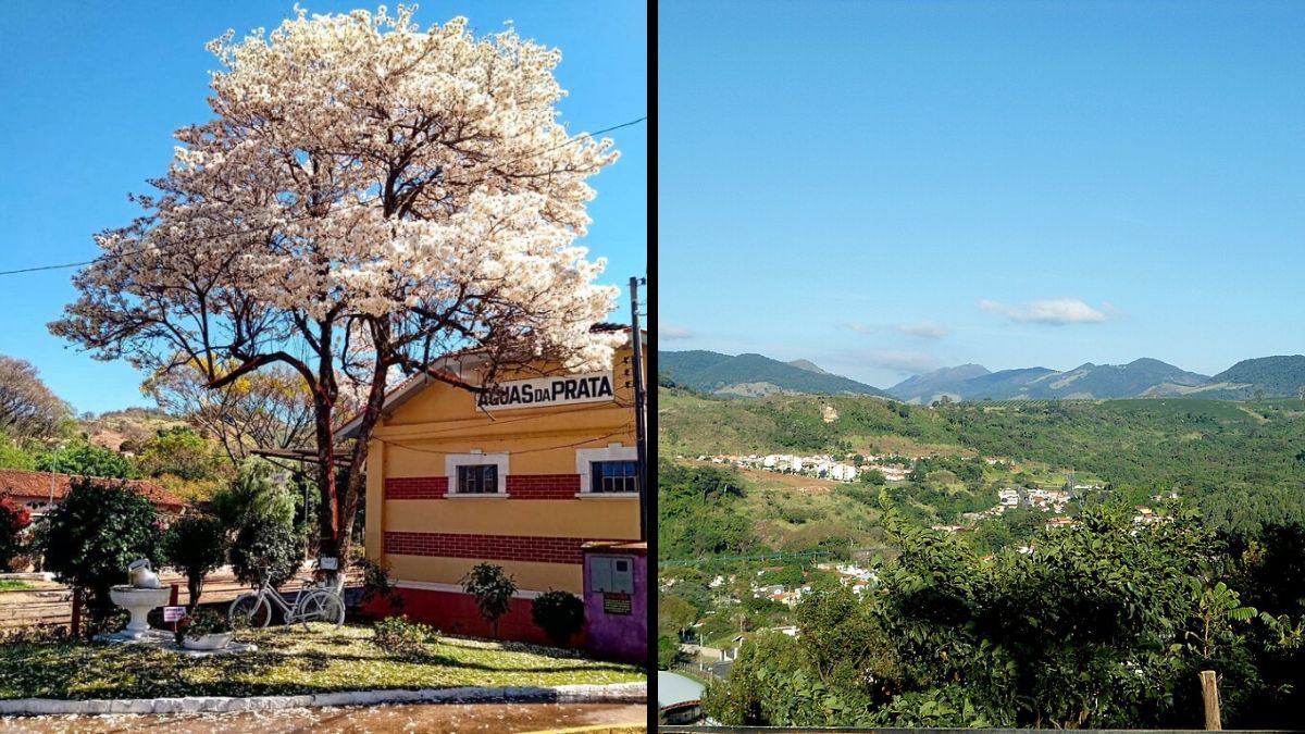 À esquerda, o prédio histórico da antiga estação ferroviária, símbolo do desenvolvimento local; à direita, vista da Serra da Mantiqueira, que molda a paisagem de Águas da Prata/ Prefeitura Municipal de Águas da Prata/Yon10/Wikimedia Commons