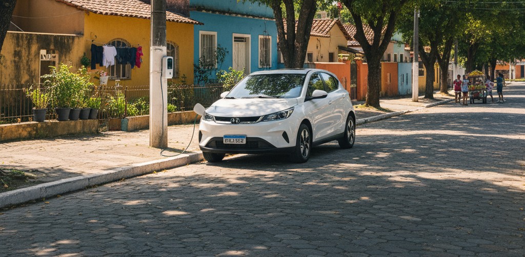 Carro elétrico estacionado enquanto é carregado em poste