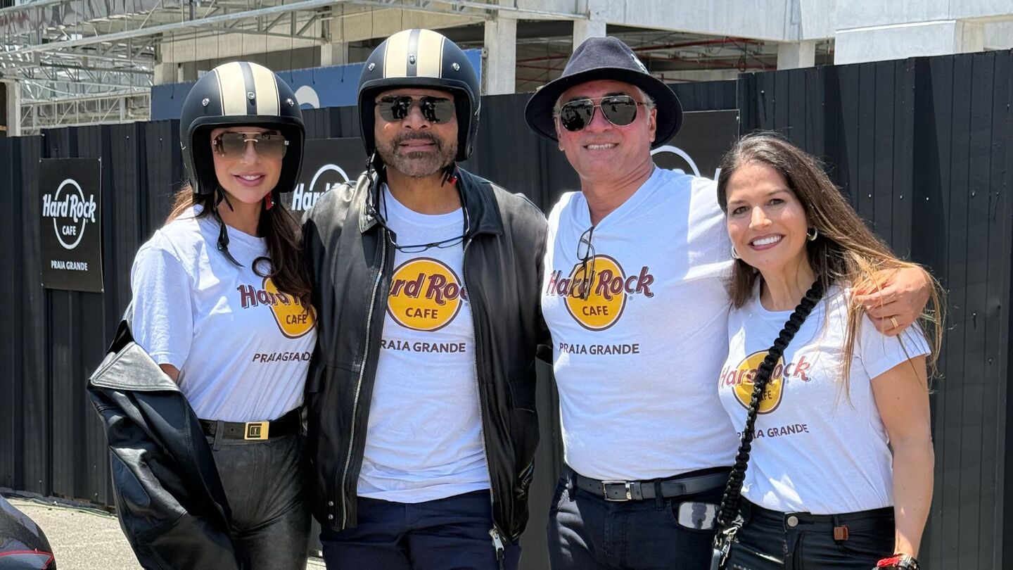 Entre os lugares percorridos pelos motociclistas estavam o Instituto Projeto Neymar Jr., a Avenida Presidente Kennedy e a Orla da Praia da Guilhermina, finalizando no Litoral Plaza Shopping, que será o endereço oficial da nova unidade do Hard Rock Cafe no litoral paulista (NR Sports/Divulgação)