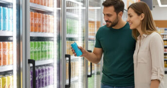 Casal escolhe sua marca de bebida favorita em supermercado
