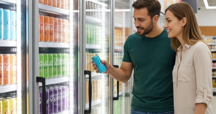 Casal escolhe sua marca de bebida favorita em supermercado