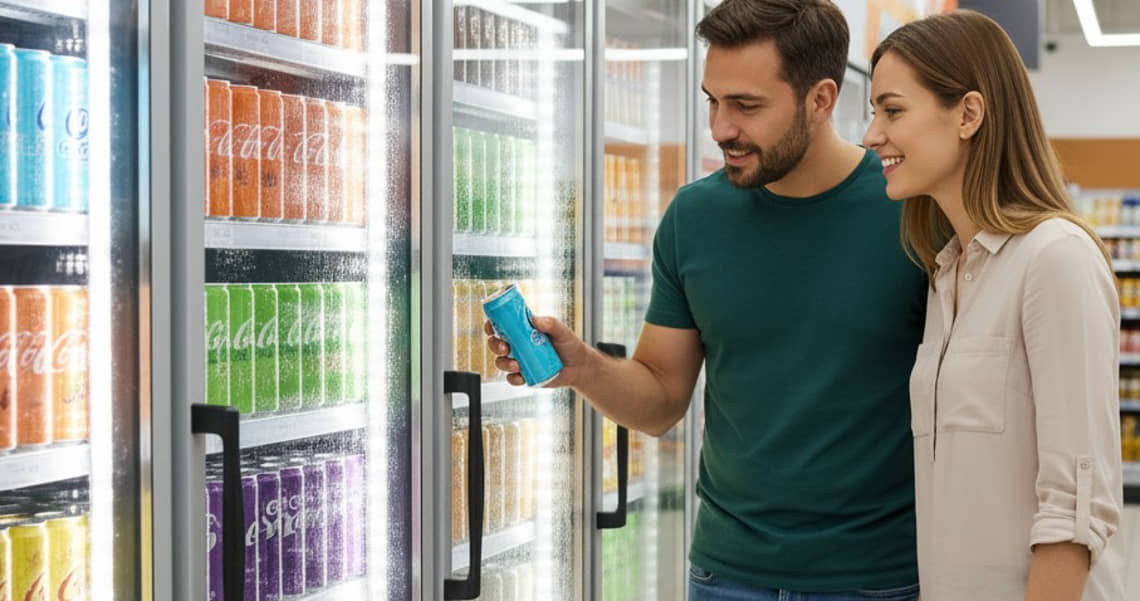 Casal escolhe sua marca de bebida favorita em supermercado