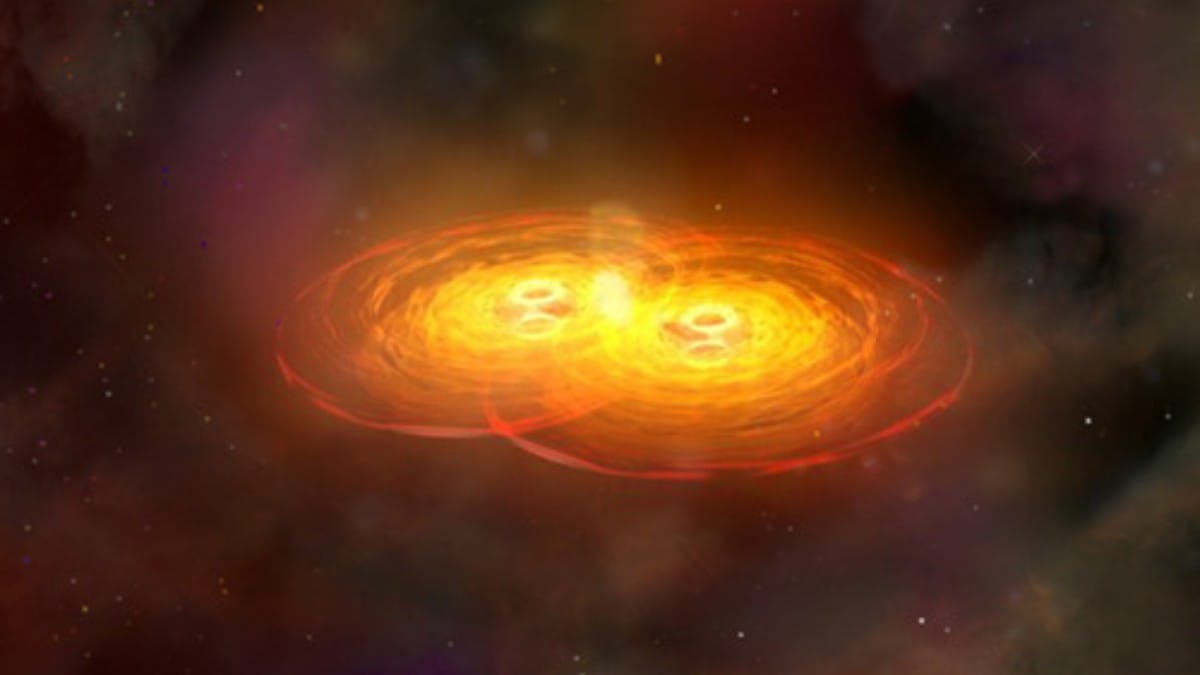Ilustração artística mostra a fusão de dois buracos negros, evidenciando a confirmação das leis da termodinâmica / NASA/CXC/A.Hobart