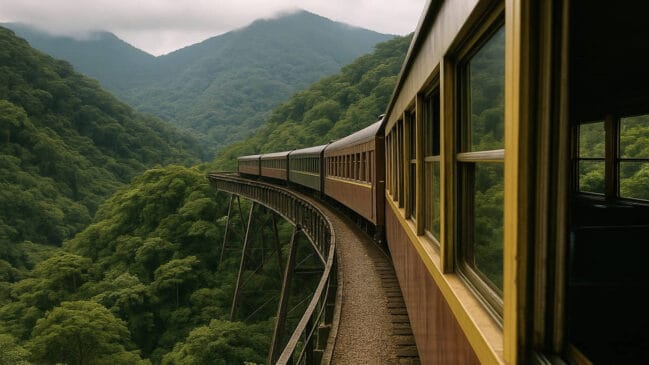 Em algumas curvas o trem parece estar flutuando entre as montanhas