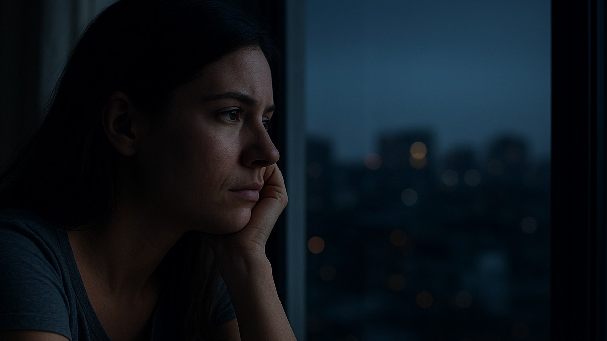 Mulher acordada de madrugada, pensativa, enquanto olha pela janela