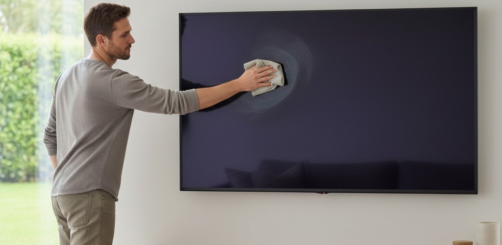 Homem limpa a tela da sua TV na sala de casa