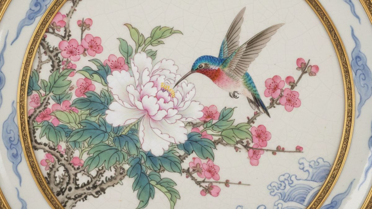 Na arte oriental, o beija-flor aparece em porcelanas como símbolo de harmonia, delicadeza e boa fortuna a mesma energia celebrada no Feng Shui/ Gerado por IA/Gemini