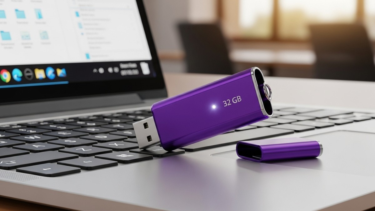 O pendrive roxo combina estilo e funcionalidade em um acessório indispensável do dia a dia / ImageFX/Gerada por IA