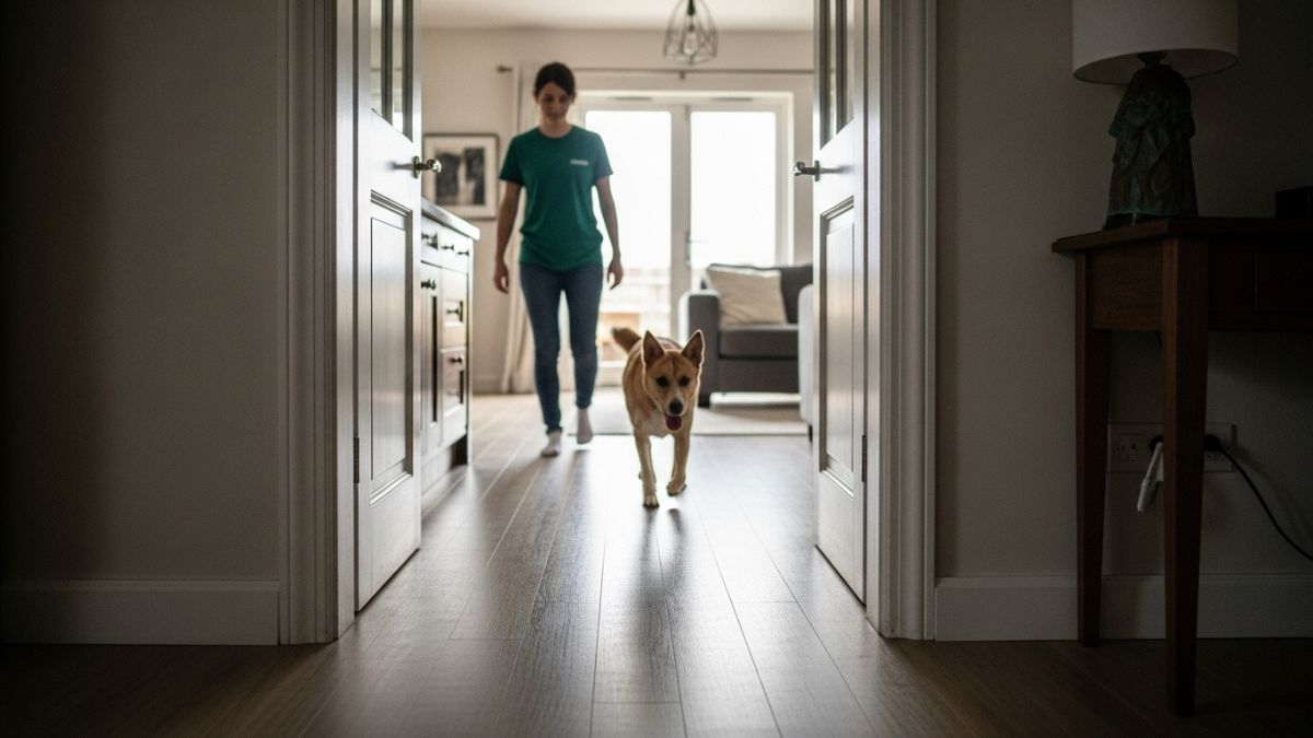 Muitos cães seguem seus tutores por toda a casa por instinto social e necessidade de companhia / Imagem gerada por IA/ImageFX
